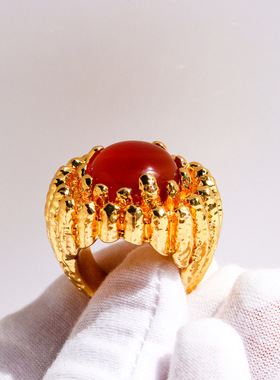 chico巴洛克风重工镶a级红玛瑙夸张金属戒指小众线条肌理开口指环