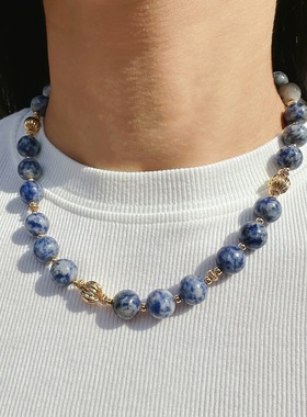 chico原创小众设计天然青金石寿山石金属圆球串珠项链耳环套装