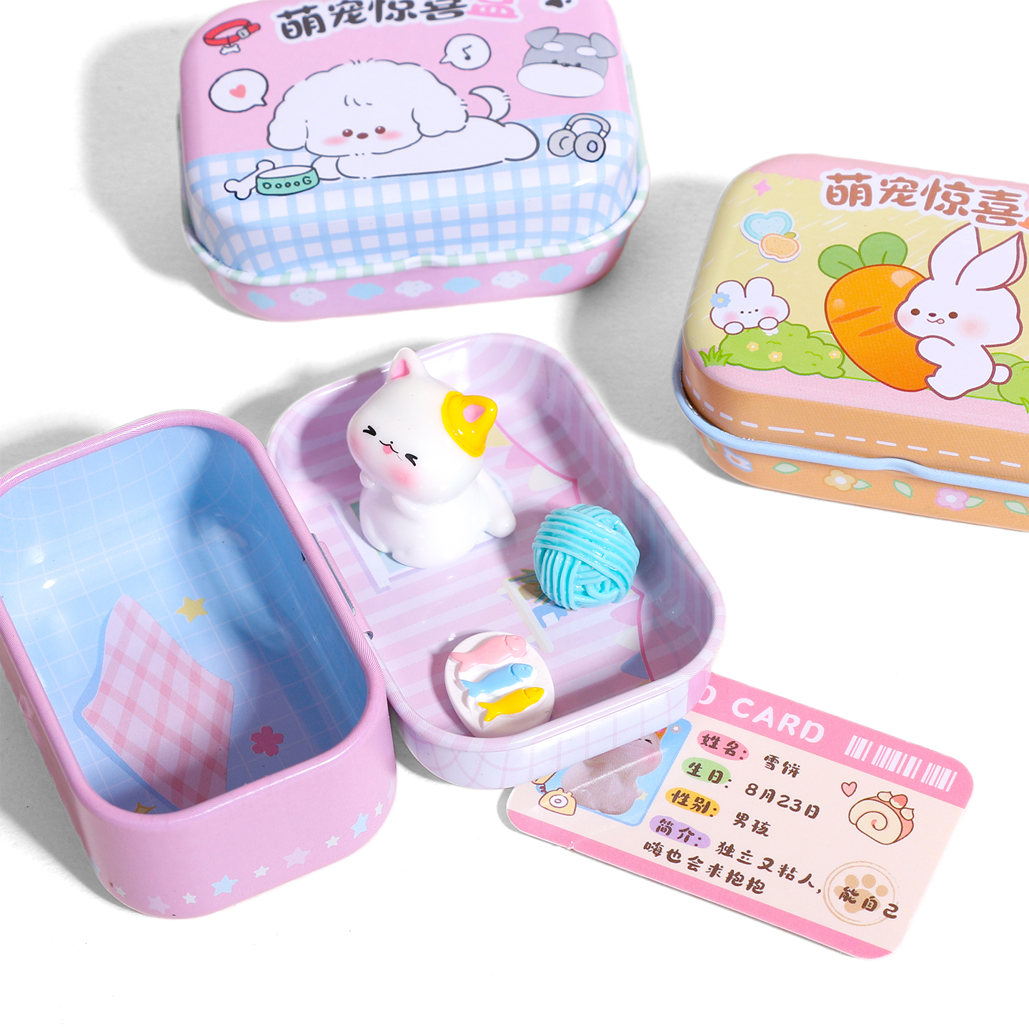 铁盒萌粒宠物领养盒子萌宠惊喜盒喵咪小狗兔子桌面车载小摆件玩具 - 图3