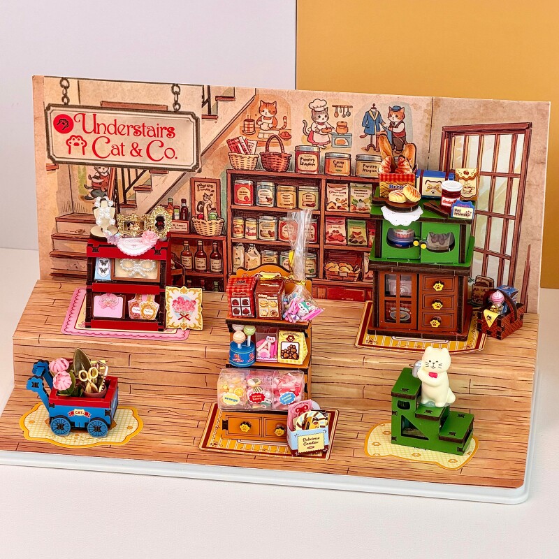Kitten grocery store under the stairs wooden assembly model blind box handmade DIY three-dimensional miniature birthday gift