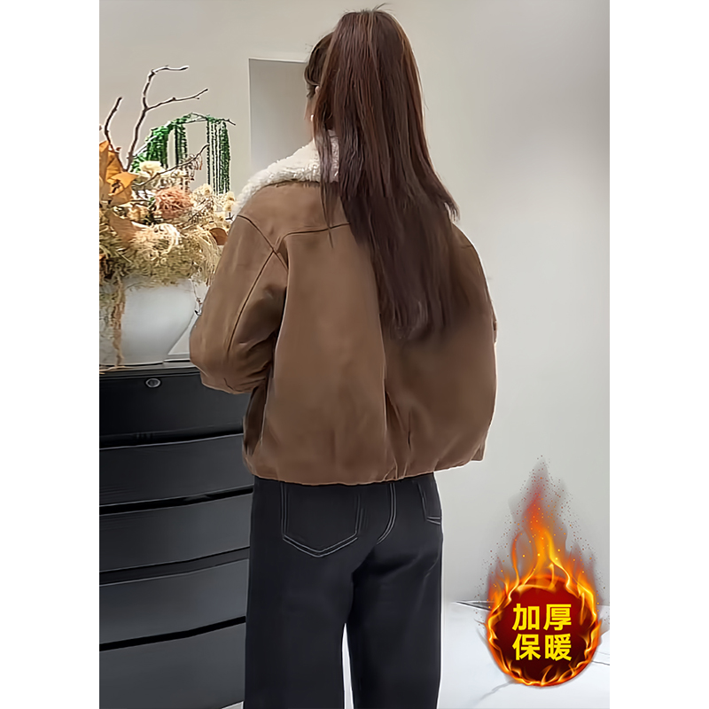 冬季保暖加厚羊羔毛翻领麂皮绒棉服外套女复古时尚夹棉短款派克服 - 图3