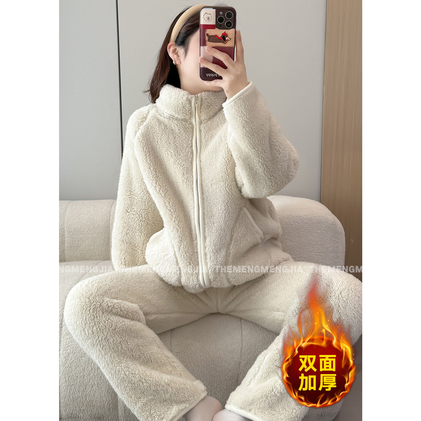 双面北极绒加厚保暖睡衣套装女冬季新款时尚慵懒毛毛家居服两件套 - 图0