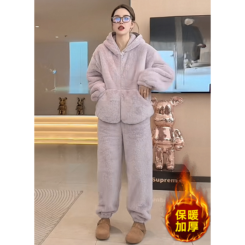 欧货连帽双面北极绒保暖加厚家居服套装女慵懒时尚睡衣两件套外穿 - 图1
