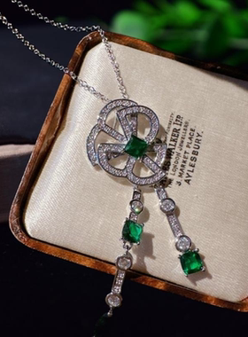 莫奈花园双生花宝石项链 富婆的快乐 镀18K金 孔雀绿水滴花朵耳环