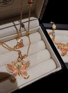 古法花丝螺钿庄生晓梦蝴蝶珐琅芍药项链新中式玲珑花蝶同心锁项链