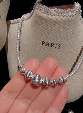 年会珠宝 蕾丝珍珠花瓣串珠项链 Vintage 拉丝球球米珠项链百搭