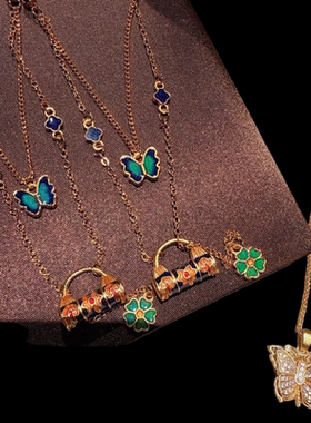 古法金色珐琅如意同心锁锁包彩绘金色项链 玲珑花蝶 双层蝴蝶项链