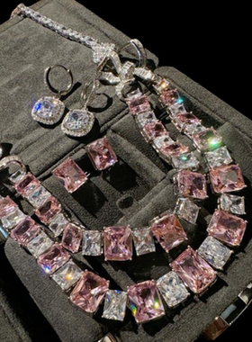 帕帕拉恰方糖宝石蝴蝶结项链时尚超美腻镀18K金巴比粉石耳环百搭