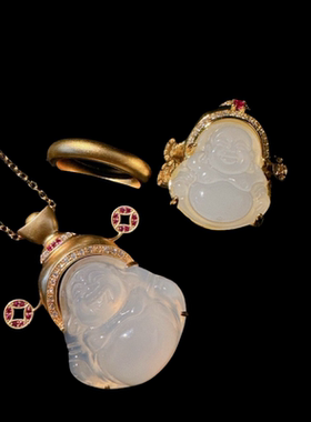 新中式马料白玉髓佛公戒指 时尚水灵水灵 白玉髓弥勒佛项链百搭