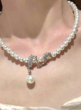 鞠鞠花藤闪钻澳白色珍珠项链 宴会珠宝 水滴藤蔓贝珠颈链