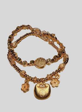 古法金色 錾雕钱袋小花福珠盘缠手链 新中式 铜钱串珠手串红绳