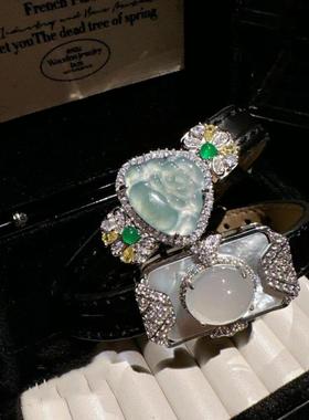 荔枝冻白玉髓蛋形宝石手表腕带 新中式 晴水蓝翡翠佛公手链 手镯