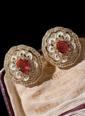 雾色妖姬红宝石花盘耳环 蕾丝蜂巢 镀18K金 酒渍玫瑰花朵锆石项链