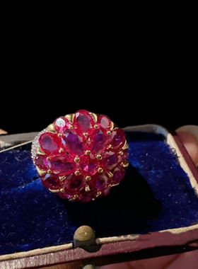 玛格丽特石榴红宝石耳环 古董感 镀18K金 非凡洋红花朵锆石戒指