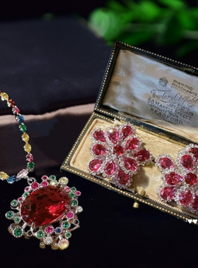 漩涡鸽血红宝石 花朵项链 Vintage 镀18K金 多宝蓟花彩宝锆石耳环