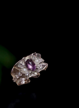 珠宝 紫水晶蛋面裙边拉丝贝珠戒指 宴会高定 莫奈紫藤花锆石项链