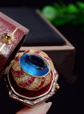 漩涡红加利彩虹宝石戒指 vintage镀18K金 珠光莱茵鸡尾酒锆石耳