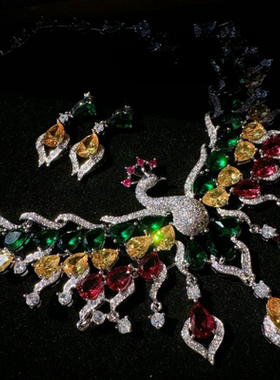 凤仪万千彩虹凤凰宝石项链 古董感 镀18K金 凤凰翅膀锆石项链耳环