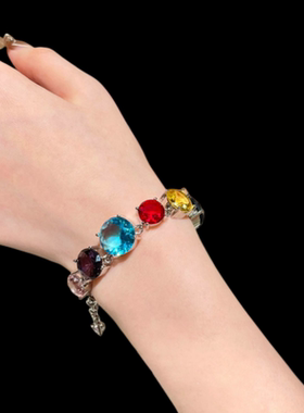 旖旎彩虹豆宝石项链Vintage 镀18K金 卢比莱红蓝加利锆石手链套装