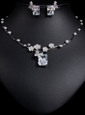新款红宝石项链耳环套装简约百搭时尚方块锆石项链锁骨链套装