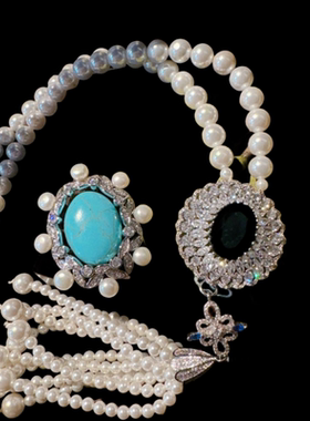 高级斯里兰卡蓝宝石花盘珍珠项链深海贝珠时尚蓝松石花朵胸针百搭