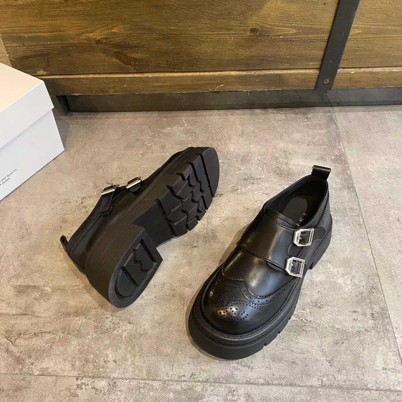 厚底乐福鞋女2025春季新款英伦风真皮增高一脚蹬布洛克小皮鞋单鞋 - 图2