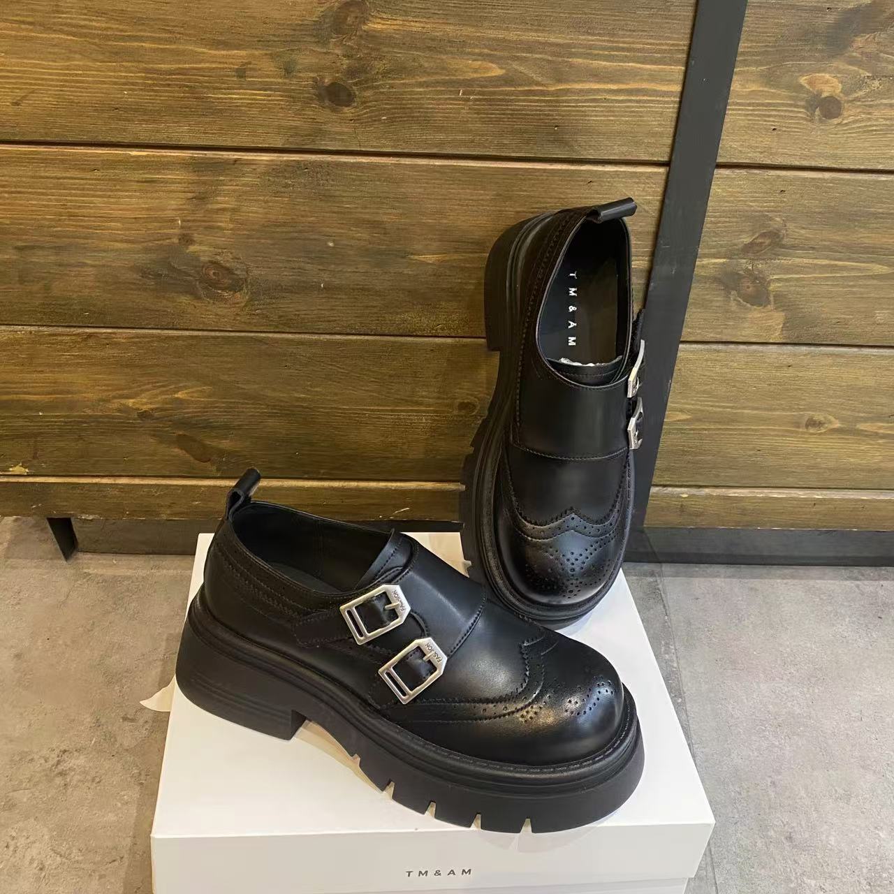 厚底乐福鞋女2025春季新款英伦风真皮增高一脚蹬布洛克小皮鞋单鞋 - 图0