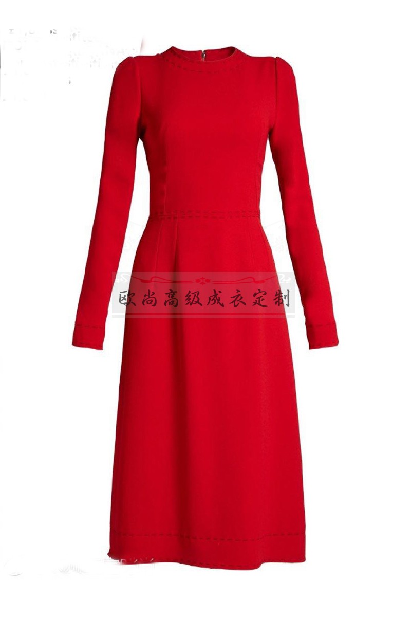 高级私人定制玛丽王妃同款红色长袖圆领明线过膝连衣裙女修身时尚 - 图1