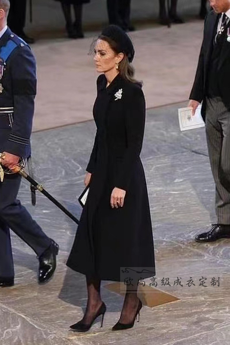 高级定制凯特王妃同款小翻领黑色羊绒大衣外套女修身显瘦时尚大牌