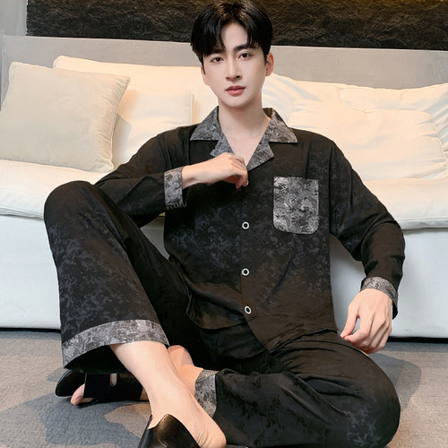 男士高级感撞色提花丝质睡衣春夏天可外穿长袖凉感冰丝家居服套装 - 图2