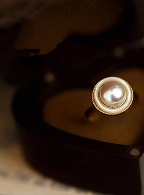 法式复古轻奢女款小香风圆形天然珍珠时尚戒指