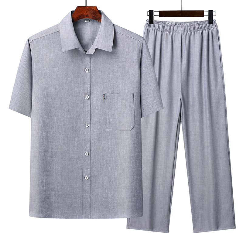 夏季薄款棉麻短袖套装中老年男士休闲宽松短袖衬衫爸爸两件套装 - 图0
