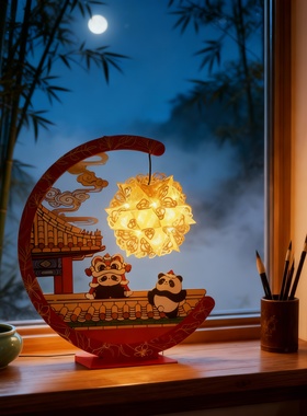 中式熊猫灯笼装饰摆件客厅卧室