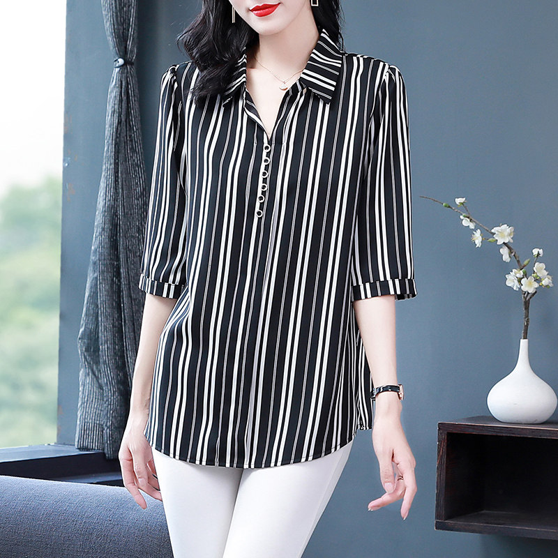 加肥加大码女士条纹雪纺2022年衬衫 格格吉祥衬衫