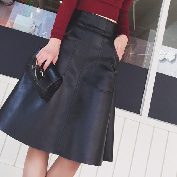 Korean women's versatile zippered leather skirt