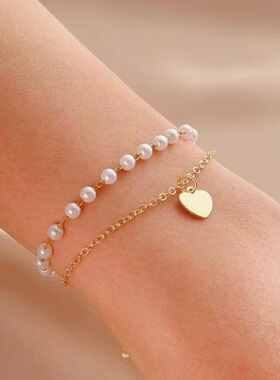 Francesca新款双层桃心珍珠手链复古ins风个性设计冷淡风珍珠手饰