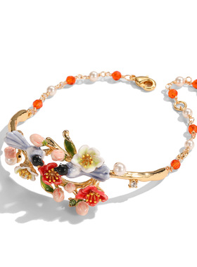 原创珐琅彩花珍珠报喜鸟手镯