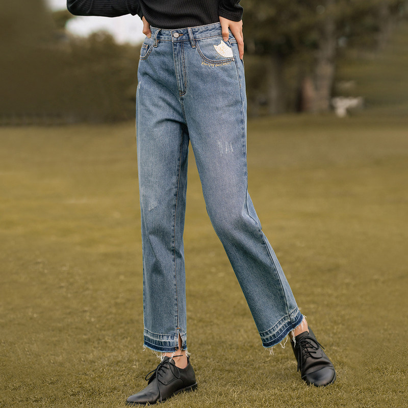 茵曼旗舰店早秋款茵蔓九分牛仔裤 茵曼翰飞牛仔裤