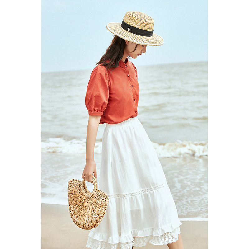 茵曼2022新款娃娃领纯棉短袖白衬衫 茵曼翰飞衬衫