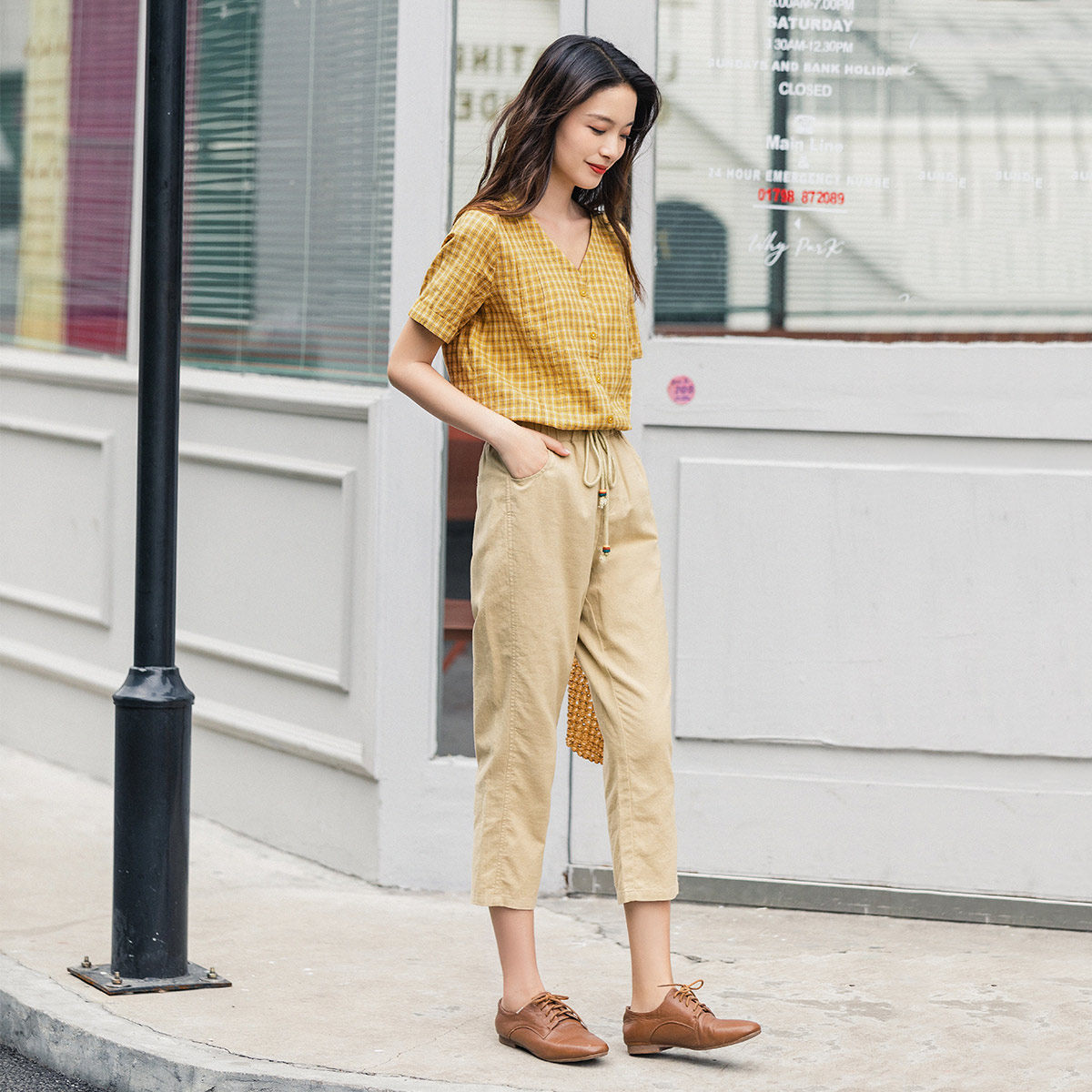 茵曼女装夏法式桔梗复古格子姜黄色 茵曼翰飞衬衫