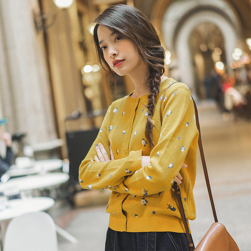 茵曼旗舰店2020年秋季小款毛衣开衫 茵曼翰飞毛针织衫