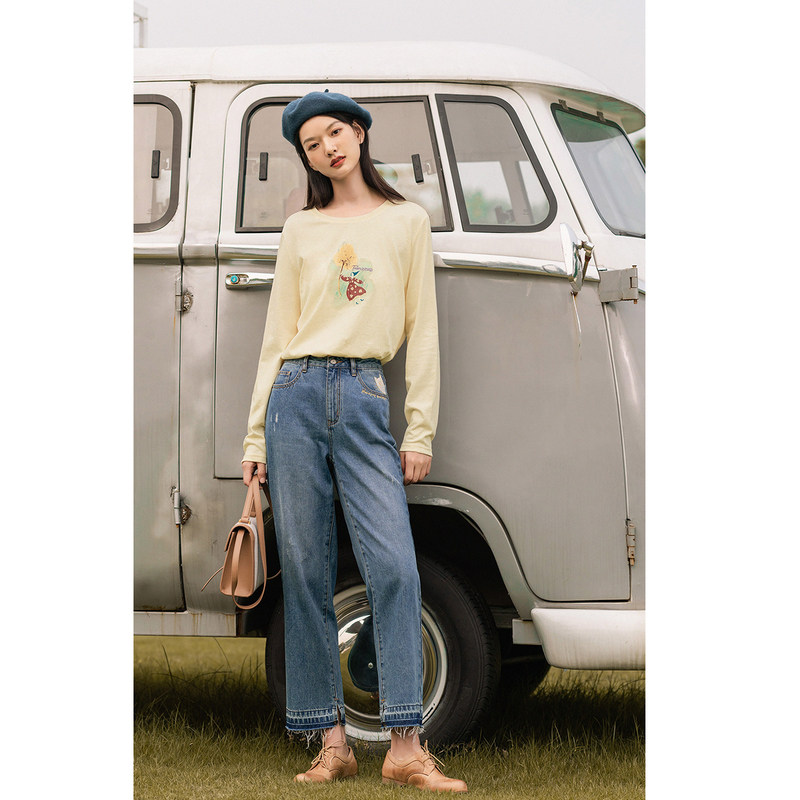 茵曼宽松体桖女款t恤长袖打底衫 茵曼翰飞T恤