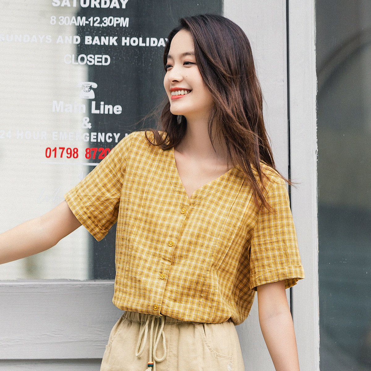 茵曼女装夏法式桔梗复古格子姜黄色 茵曼翰飞衬衫