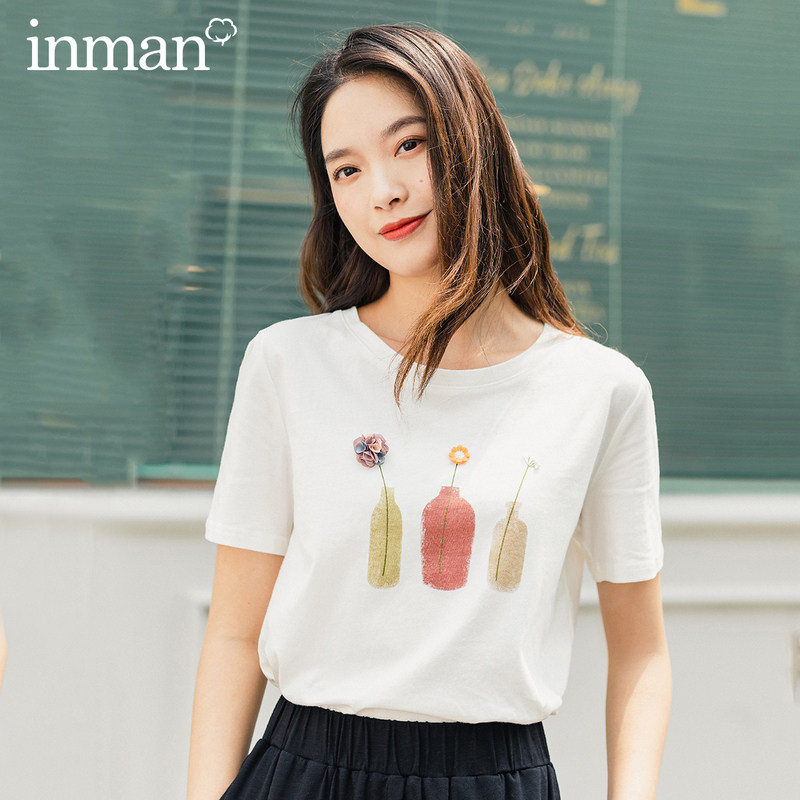茵曼旗舰店短袖纯棉2020夏装t恤 茵曼翰飞T恤