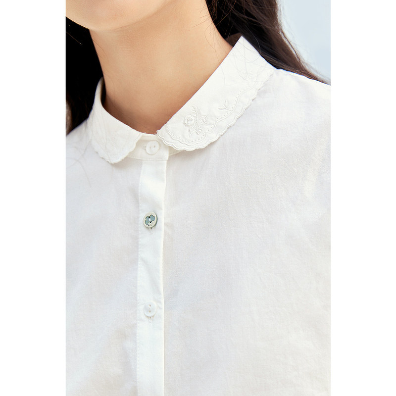 茵曼2022新款娃娃领纯棉短袖白衬衫 茵曼翰飞衬衫