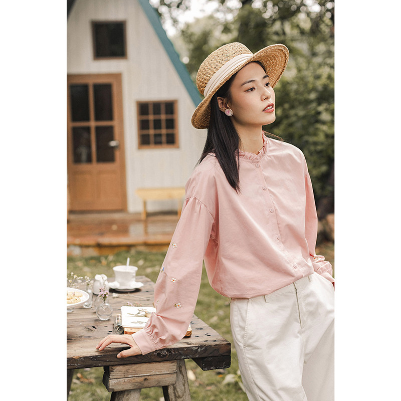 茵曼2020新款春秋款泡泡袖立领衬衫 茵曼翰飞衬衫