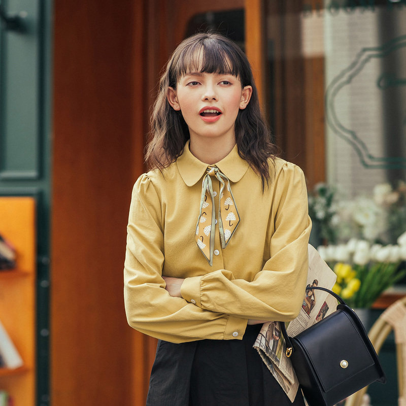 茵曼旗舰店娃娃领森系女士纯棉衬衫 茵曼翰飞衬衫