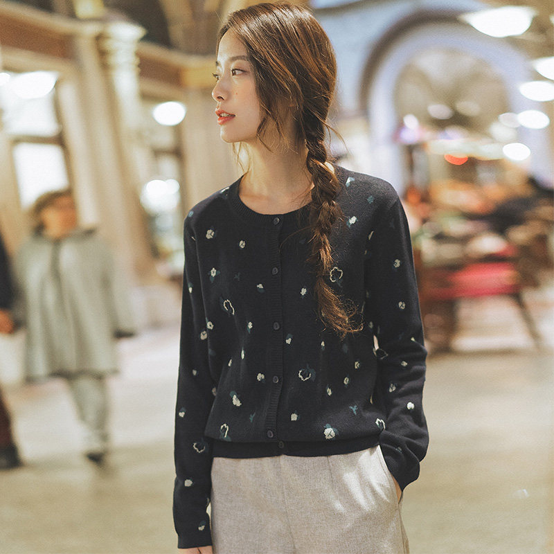 茵曼旗舰店2020年秋季小款毛衣开衫 茵曼翰飞毛针织衫