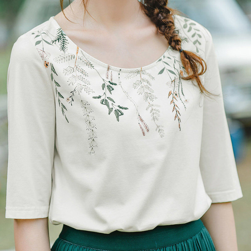 茵曼旗舰店春夏季女装短袖u领t恤 茵曼翰飞T恤