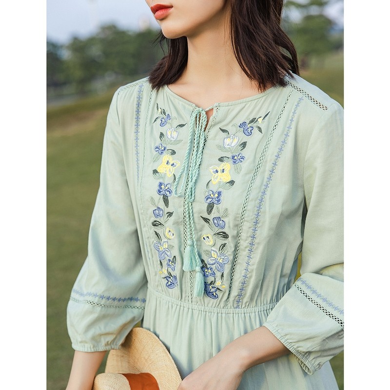 茵曼旗舰店2021春秋新款棉麻连衣裙 茵曼翰飞连衣裙